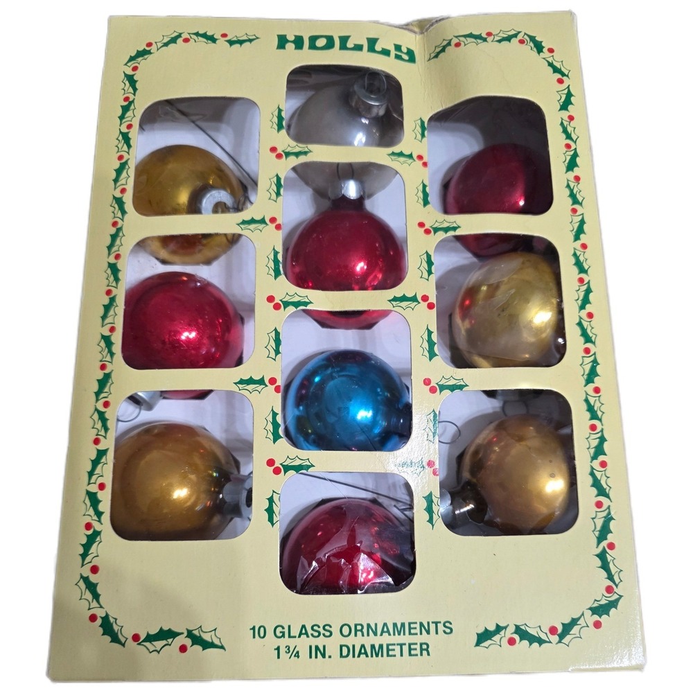 Vintage Holly Glass Christmas Ornaments Shiny Red Gold Blue Silver